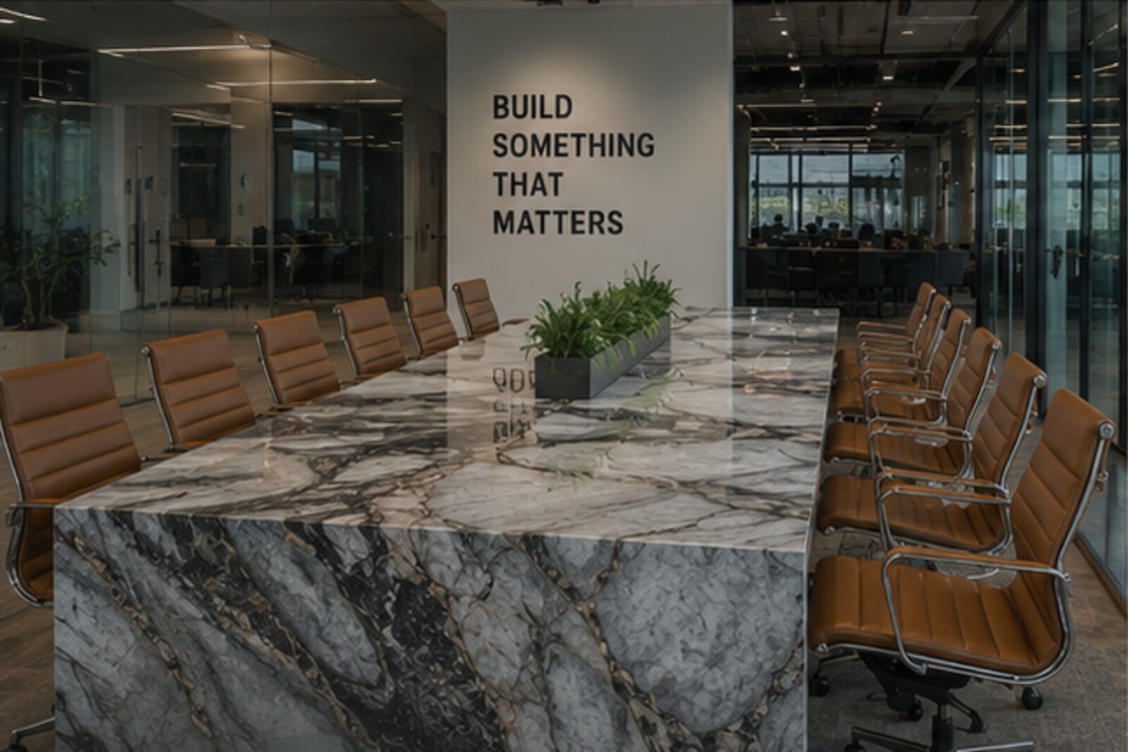 Waterfall direction: light marble conference table with the veining mitered over the edge and down to the floor
