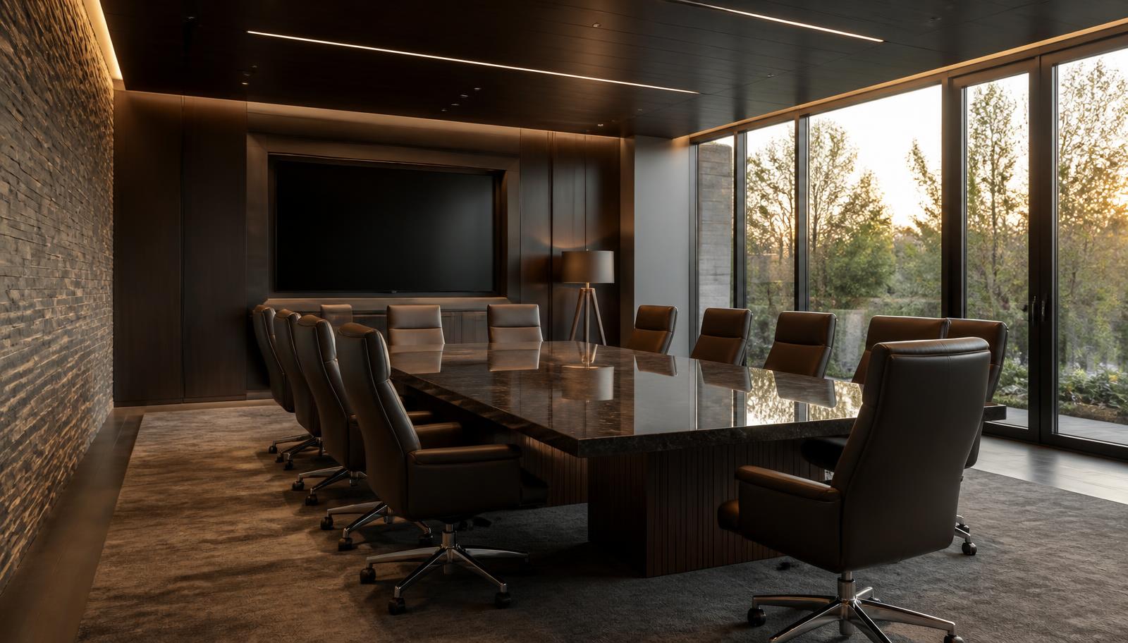 Executive boardroom design with a honed granite conference table on a fluted walnut base, leather chairs with wide perimeter clearance and a display wall at the far end