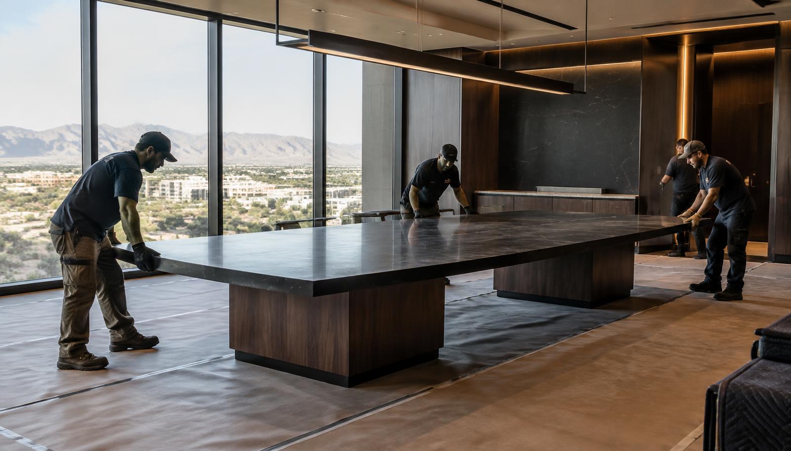 Installers setting a long dark stone conference table top onto walnut pedestal bases in a finished Arizona office boardroom with protected floors