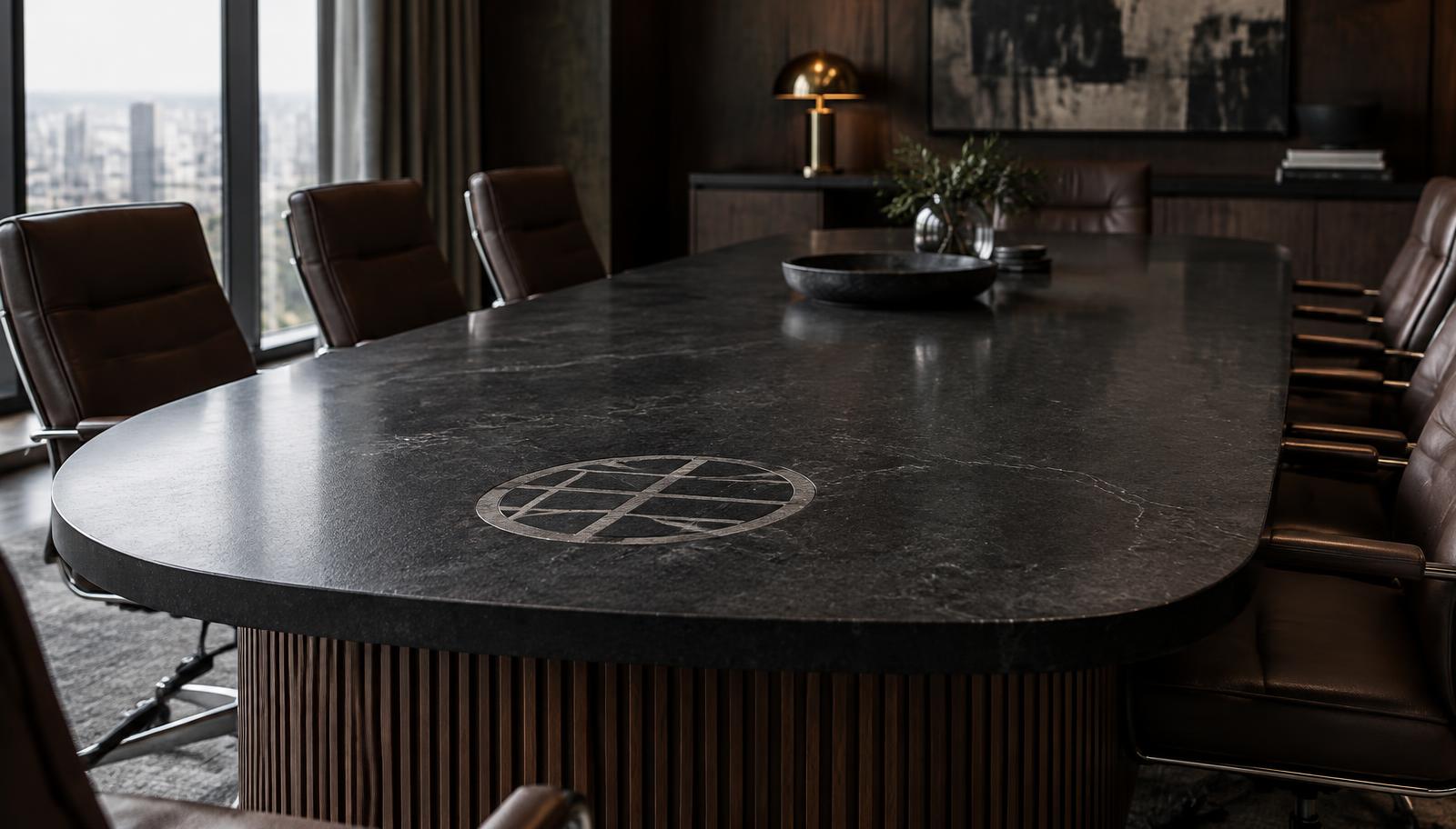 Custom boardroom table with a honed black granite top, an inlaid light stone emblem near the head and a fluted walnut base in a dark executive boardroom