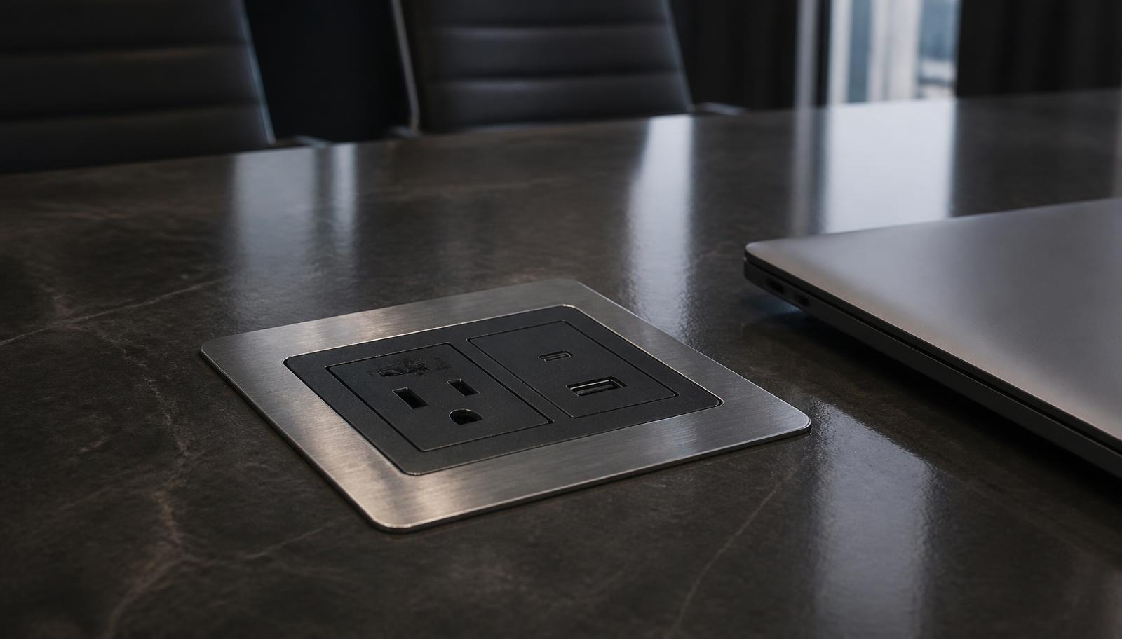 Flush mounted power and USB-C module set into the dark stone top of a custom executive conference table beside a laptop in an Arizona boardroom