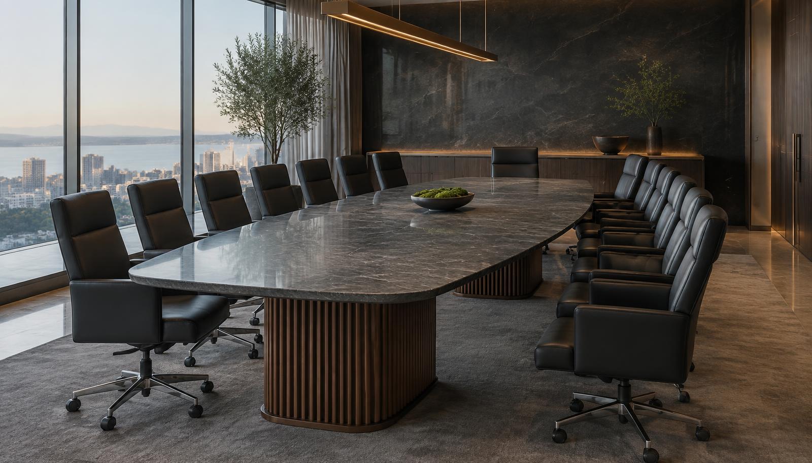 Boat-shaped boardroom table with a honed dark stone top and fluted walnut pedestal bases seating fourteen in a corporate boardroom