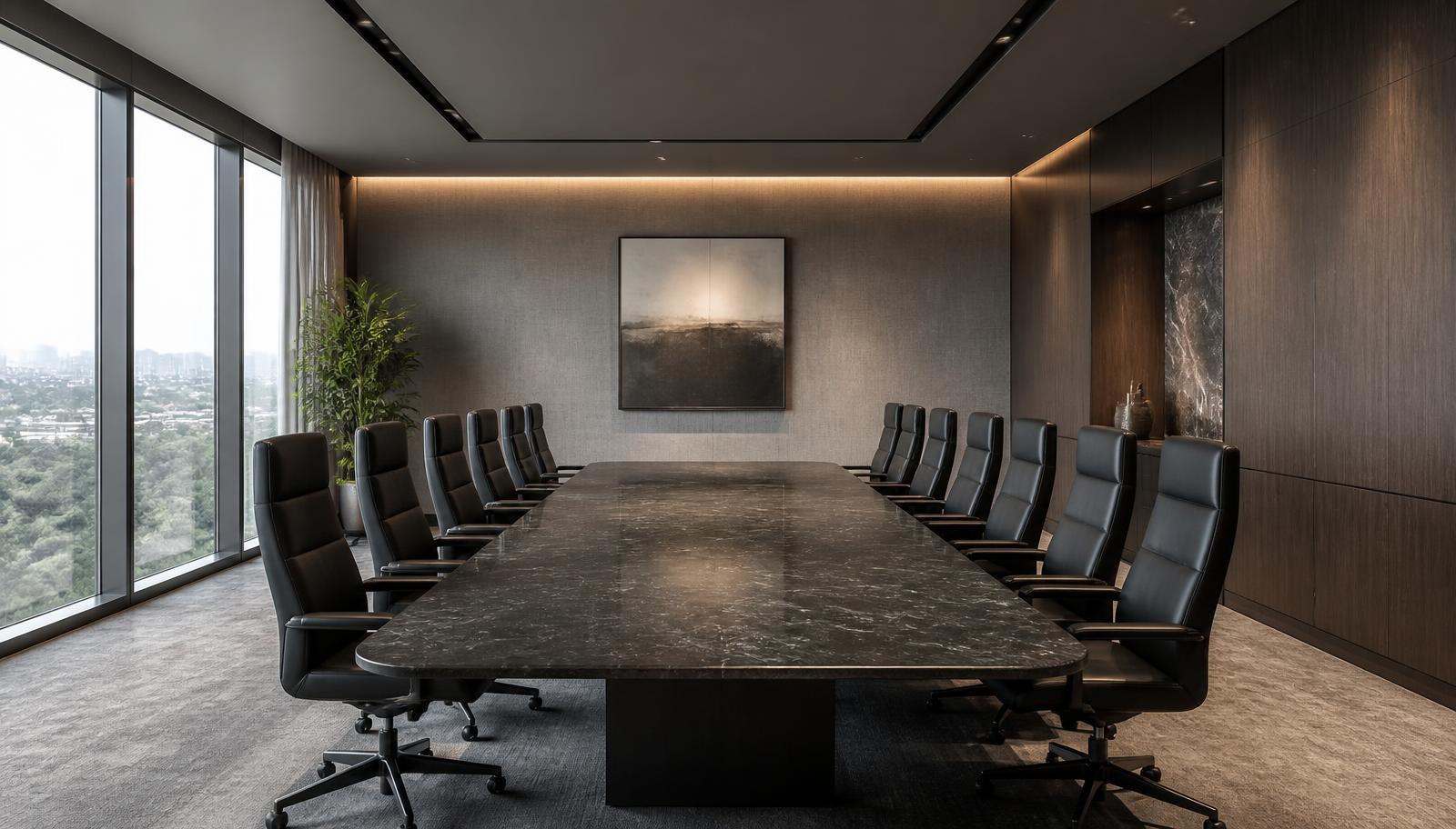 Long dark granite conference table sized for twelve leather chairs in a modern Arizona boardroom with floor to ceiling windows