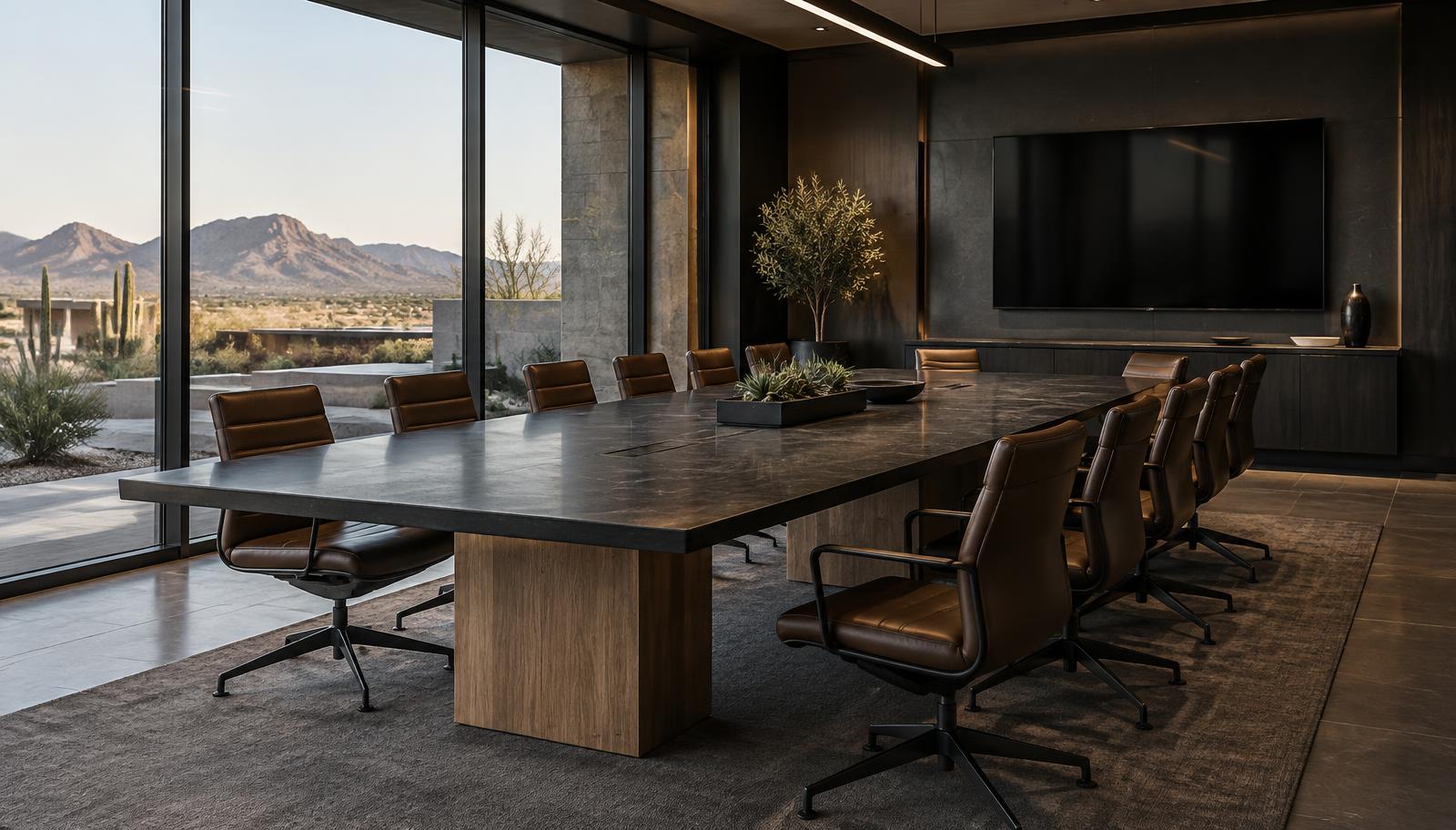 Custom conference table with a dark leathered granite top and white oak pedestal bases in an East Valley corporate boardroom with desert views