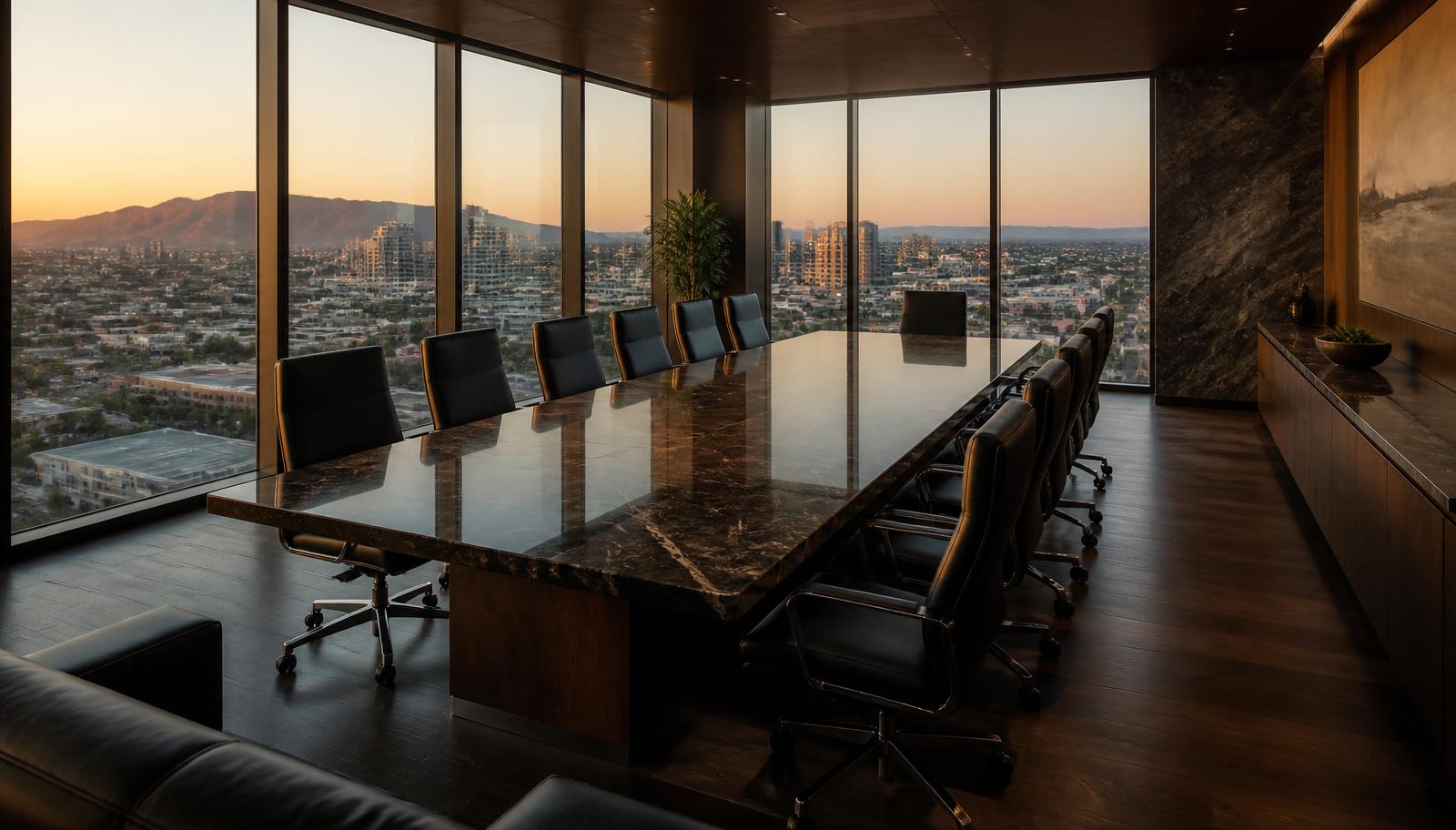 Custom leathered granite conference table with a walnut base in a Phoenix high rise boardroom overlooking the city and mountains at sunset