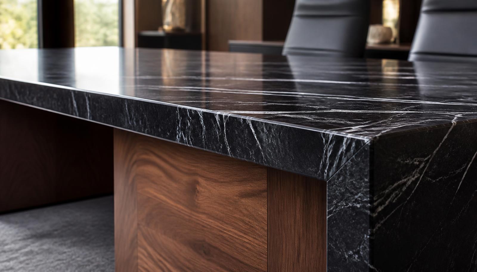 Custom executive conference table with a thick black marble top, mitered edge and solid walnut base compared with standard catalog furniture