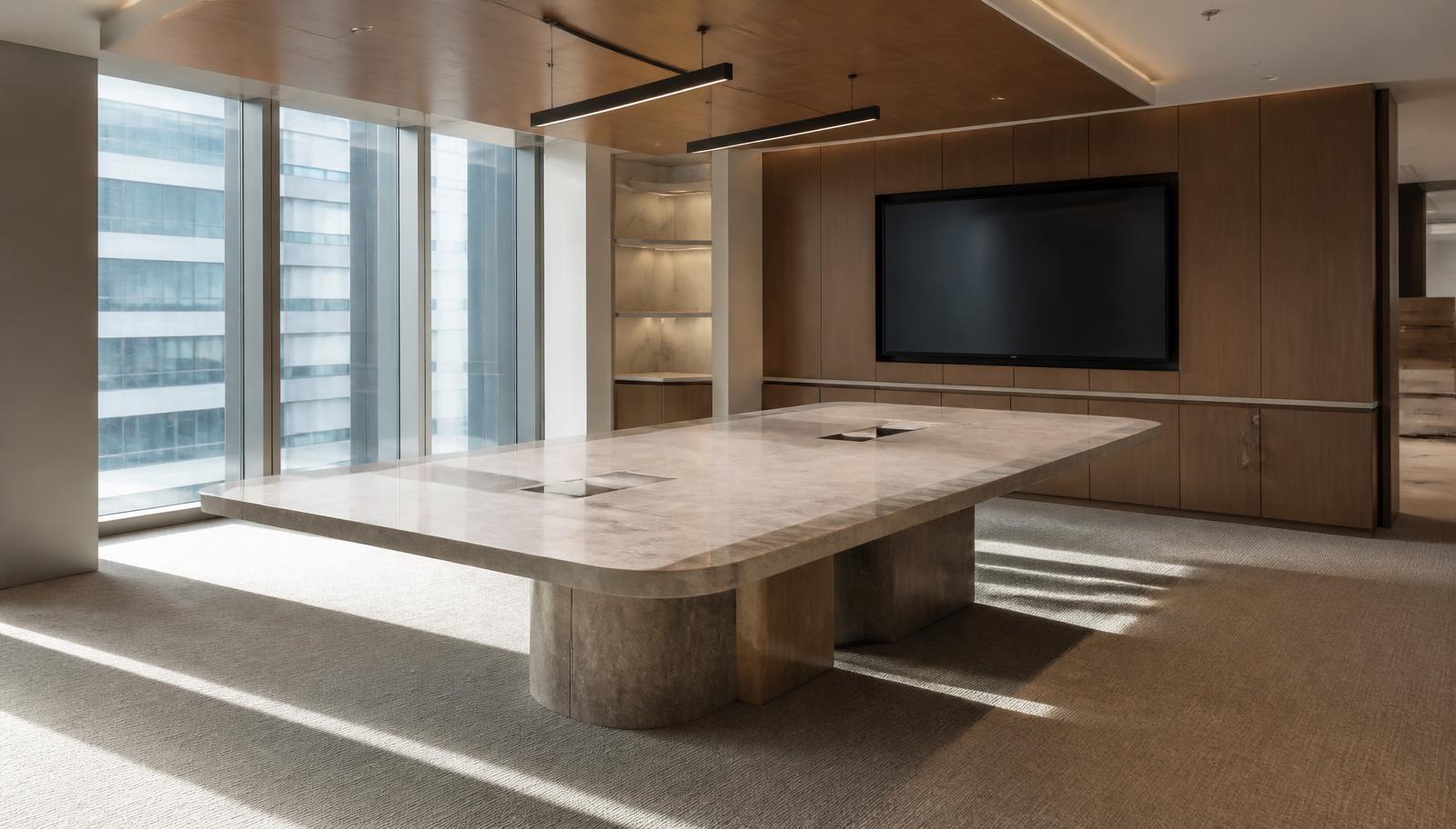 Architect reviewing a dimensioned floor plan on a custom stone conference table with a wood base in a corporate boardroom under construction